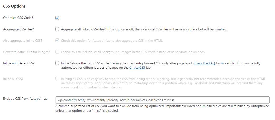 CSS optimization settings in Autoptomize.