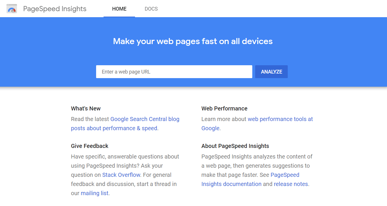The homepage for Page Speed Insights, a destination that belongs on any website launch checklist.
