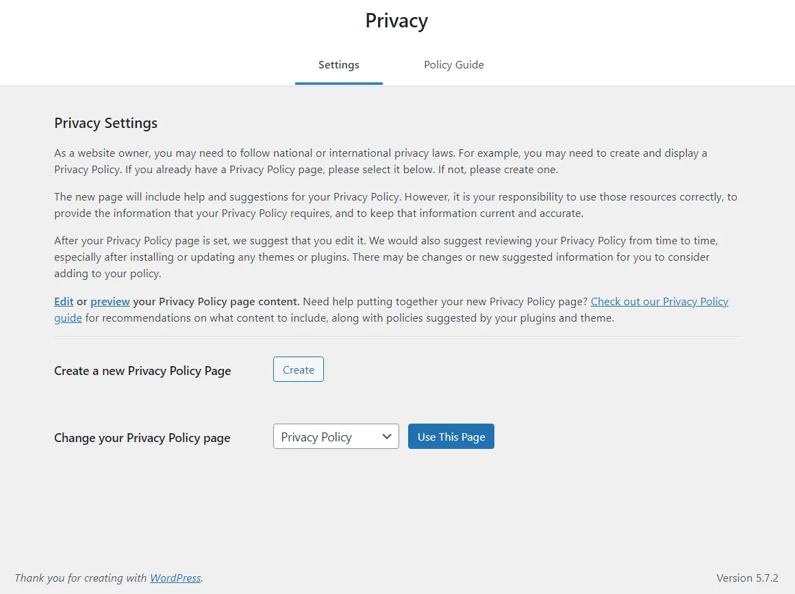 The WordPress privacy policy page, a must-do stop for a website launch checklist.