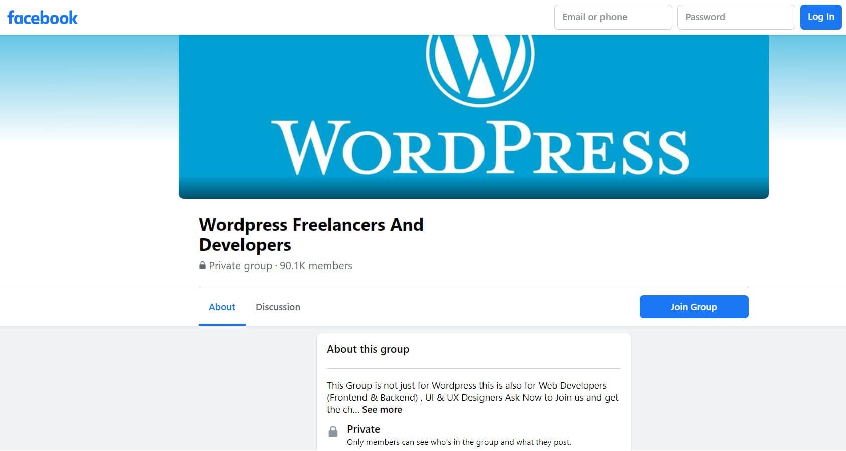 The Facebook 'WordPress Freelancers And Developers' group page