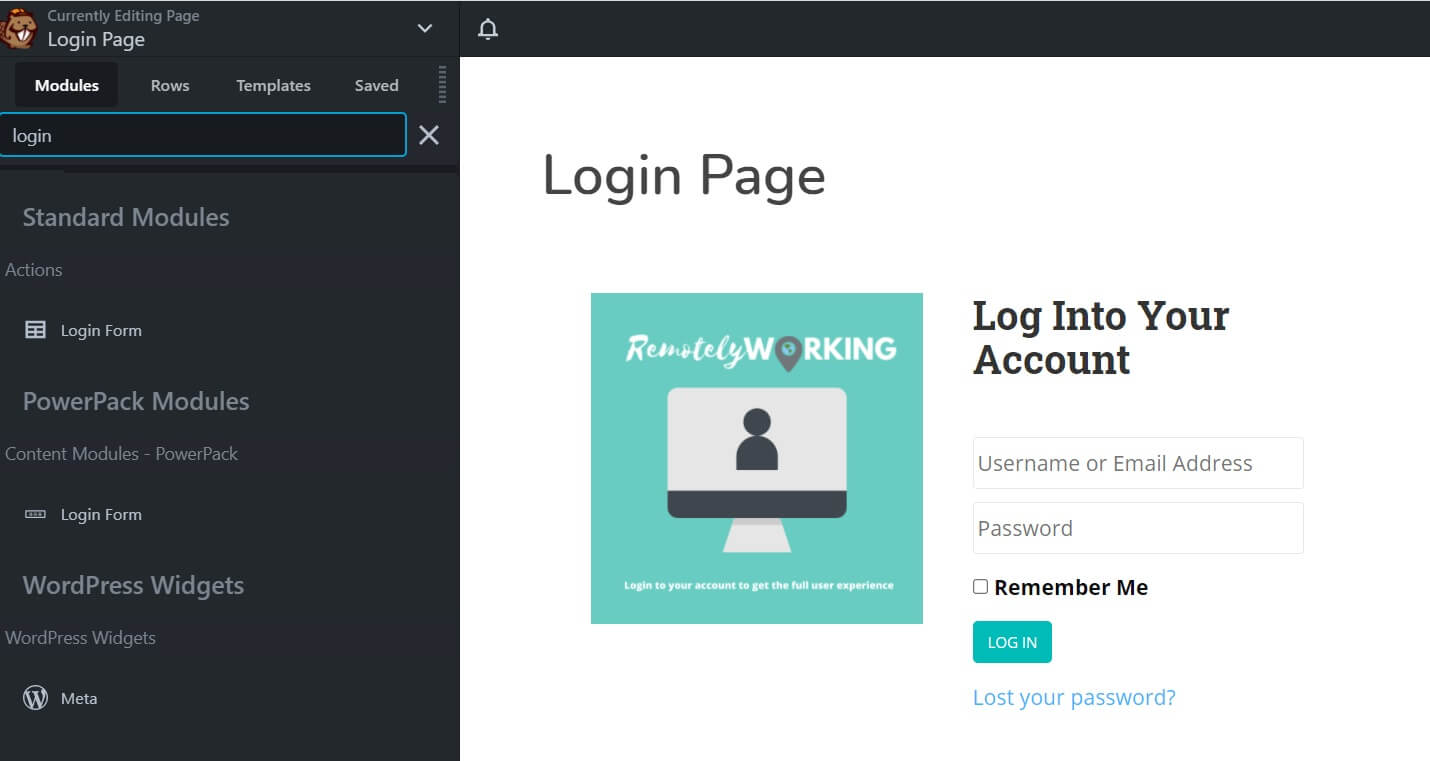 A Screenshot of how to add the PowerPack Login Form Module