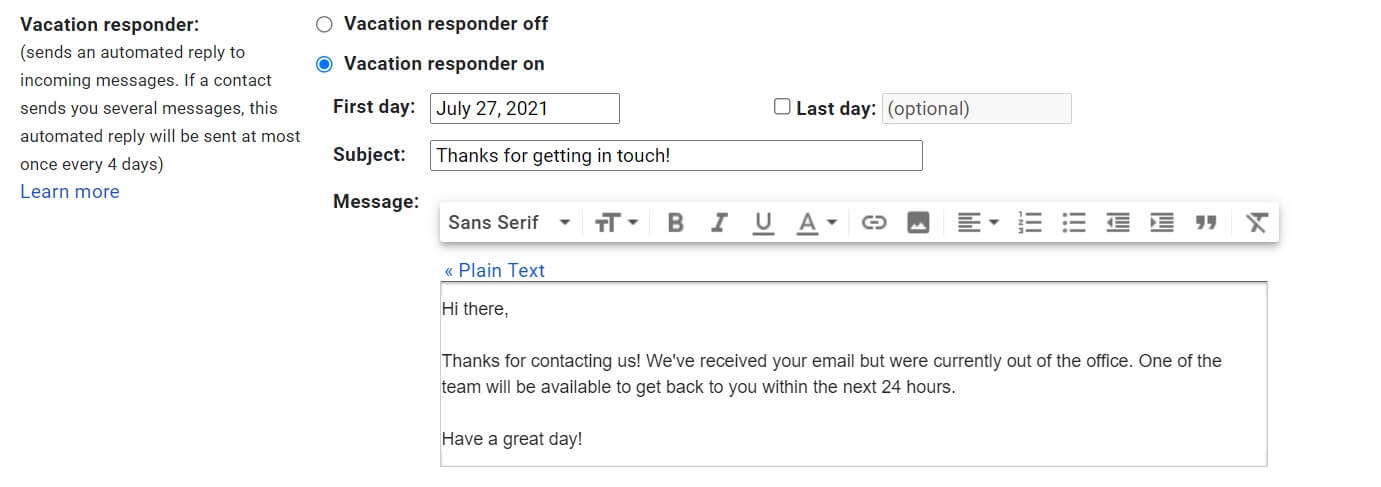 An example of an Autoresponder email in Gmail.