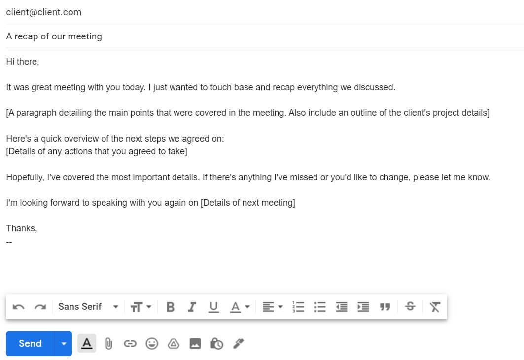 An example of a meeting recap email