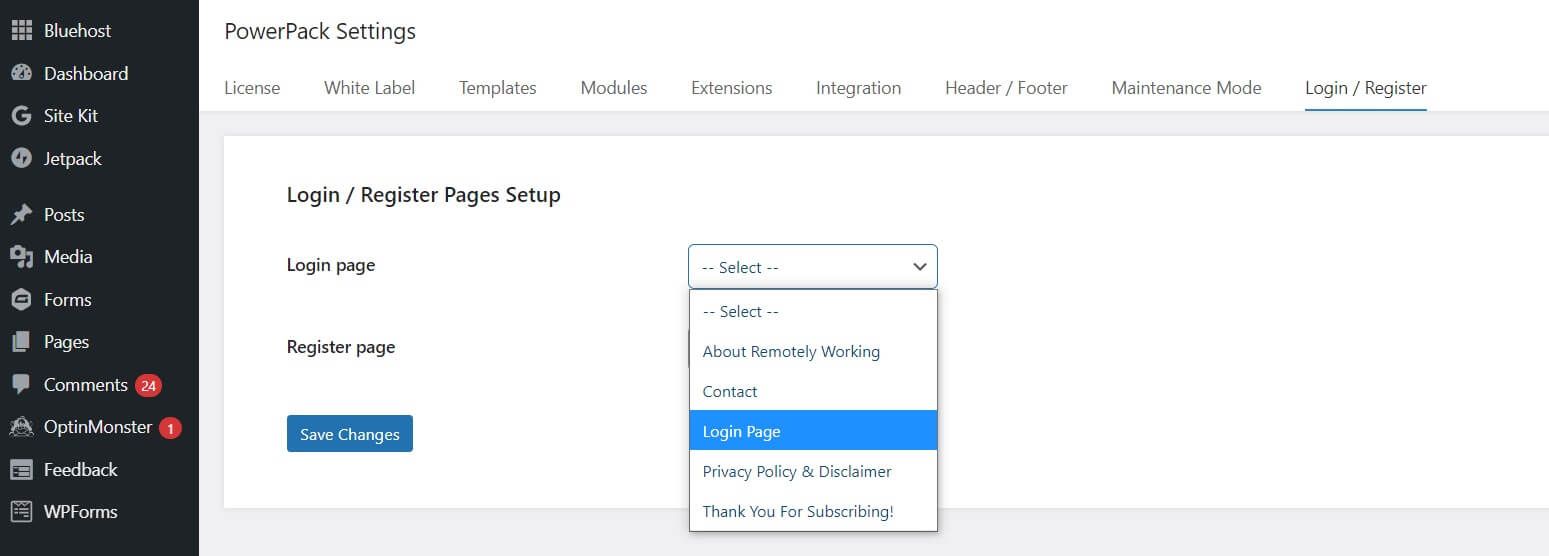 A screenshot of how to setup custom WordPress login page in PowerPack settings 
