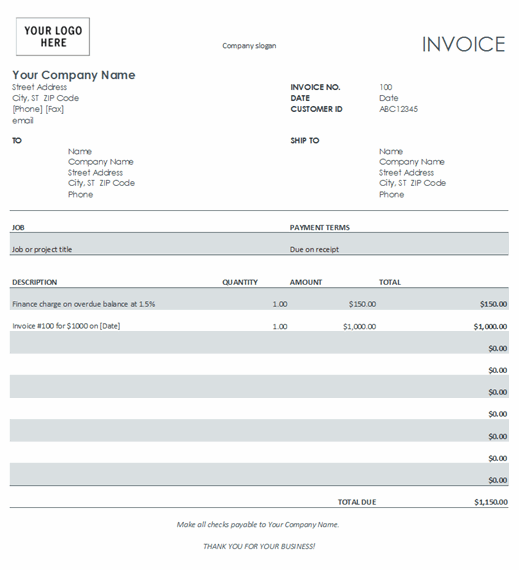 An example Microsoft Office invoice template.