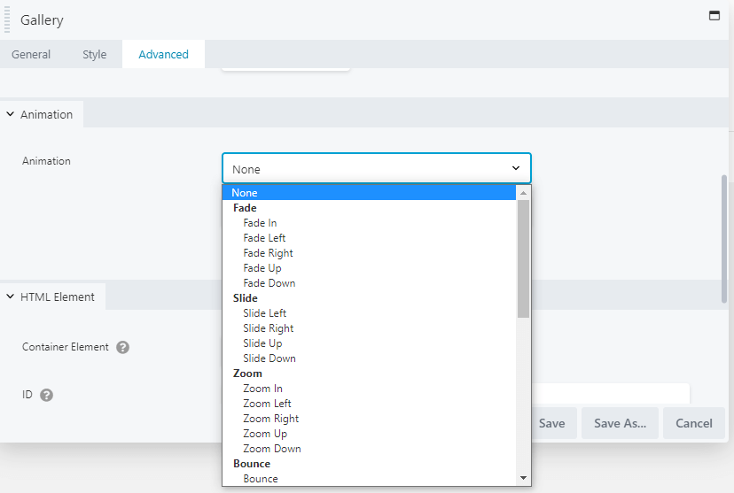 Adding animation in Beaver Builder's Advanced settings.