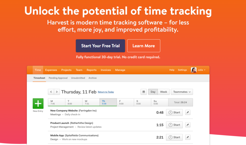 The Harvest homepage. This time-tracking app is one of the best tools for freelance web designers. 
