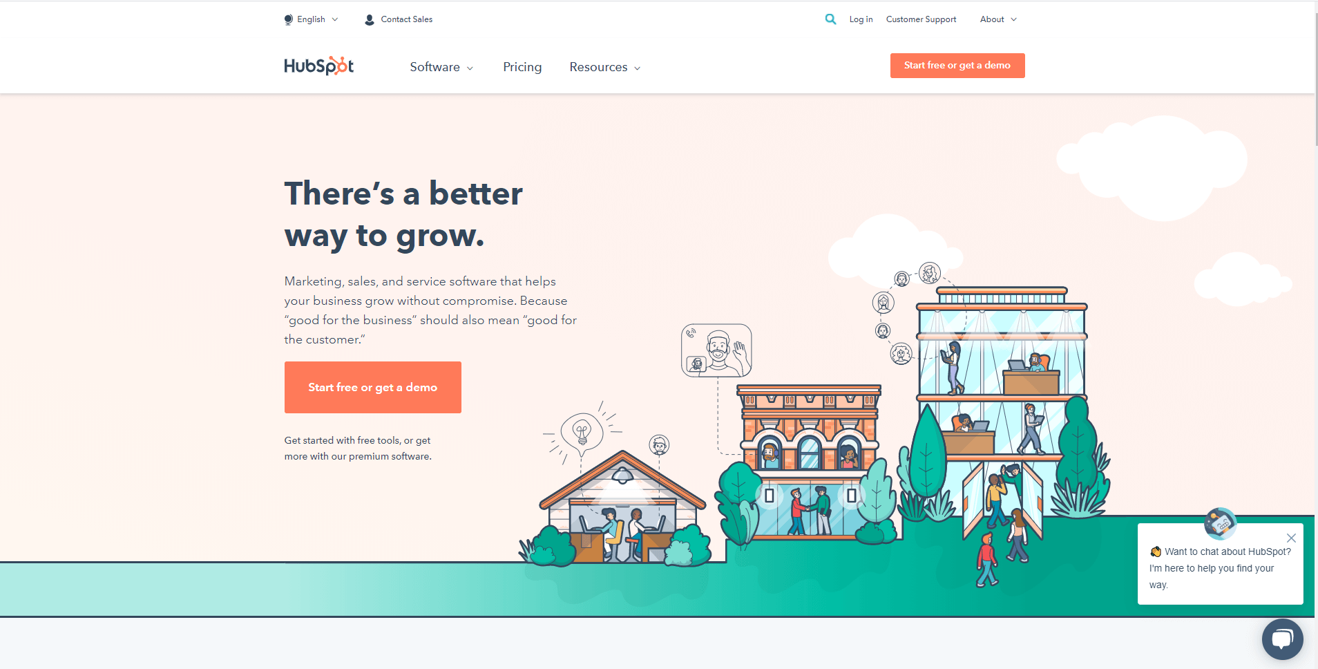 Hubspot uses a large hero section with an image and calls to action. web design trends