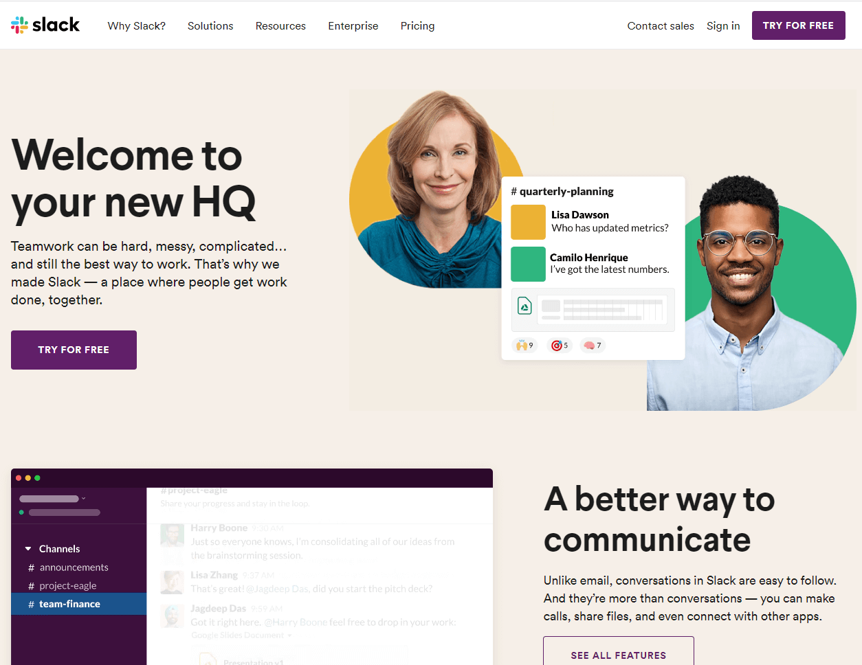 Slack's landing page including a CTA button and links to more information.
