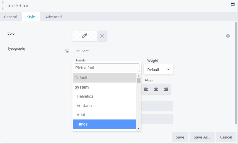 Selecting a font in the text editor module.