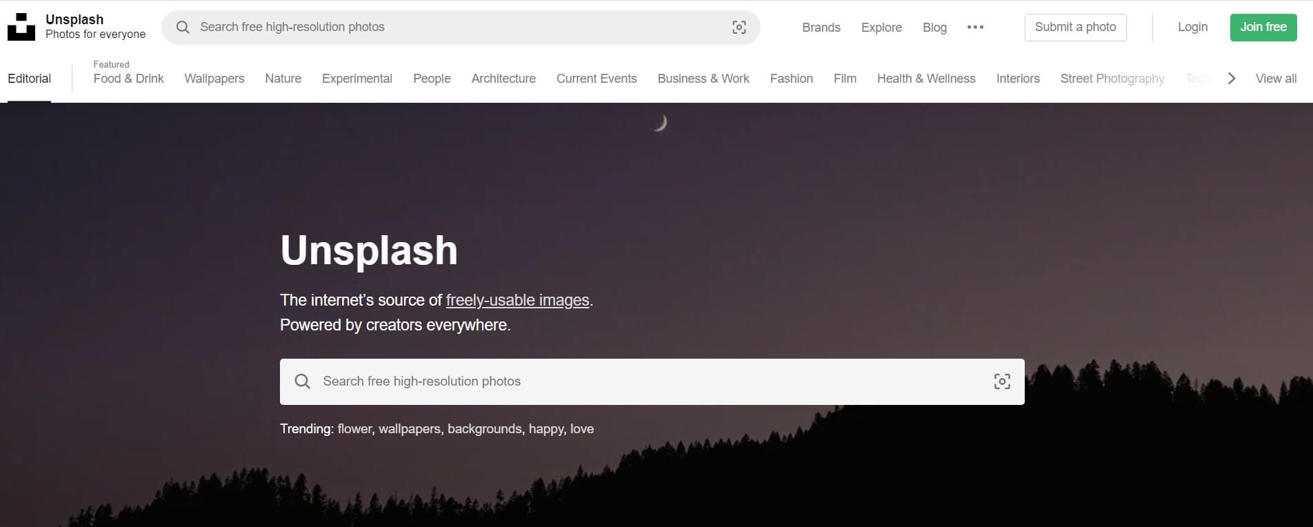 A screenshot of the Unsplash homepage.