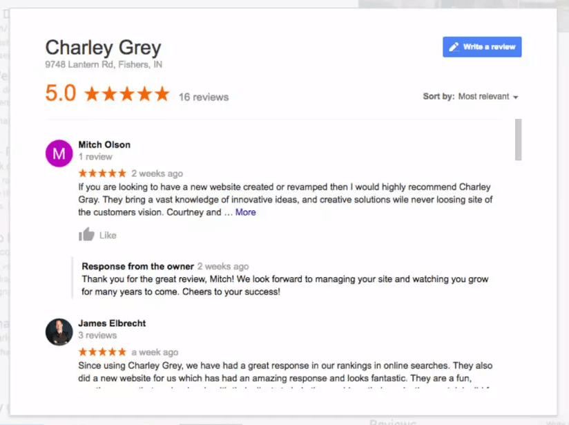 Google reviews for a web design company.