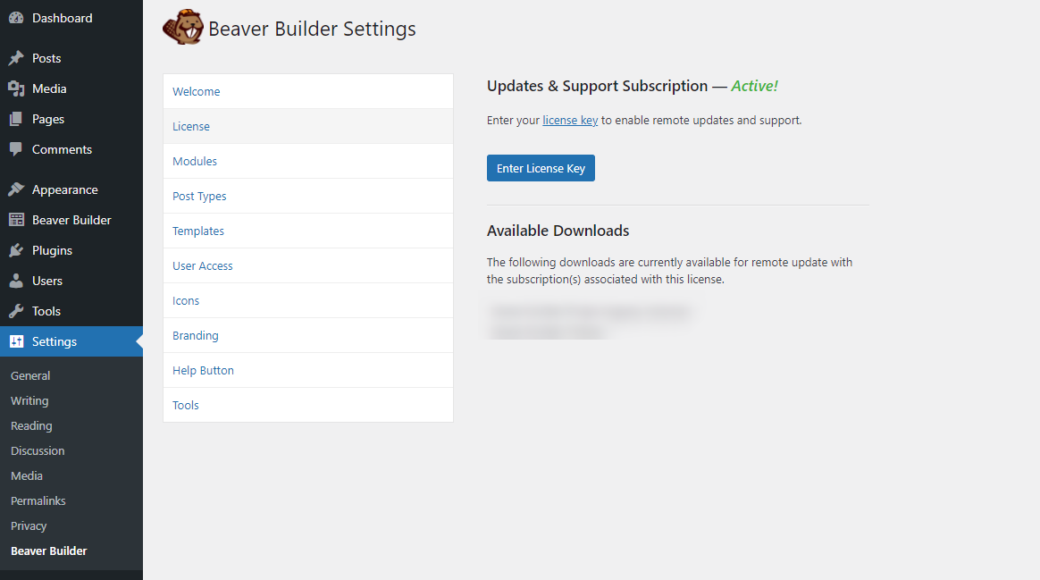 The Beaver Builder license page.