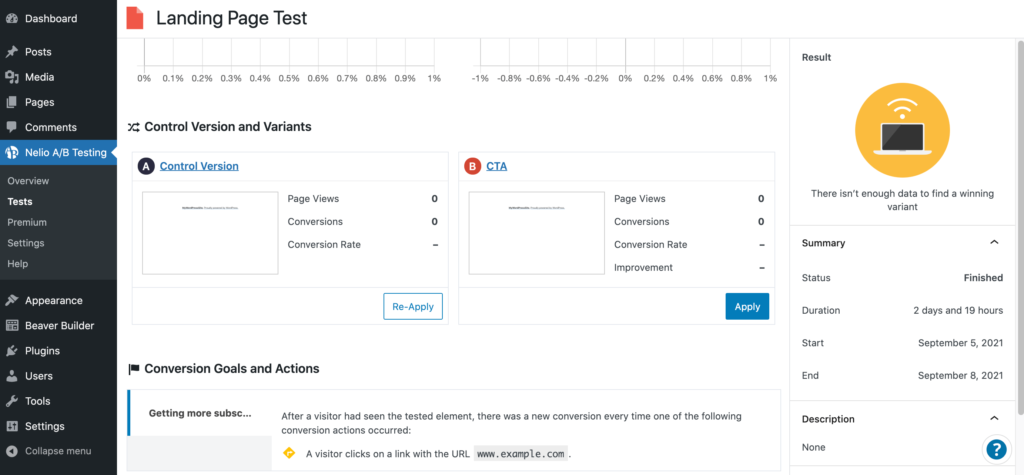 Control version and variants, as seen in the A/B testing plugin. 