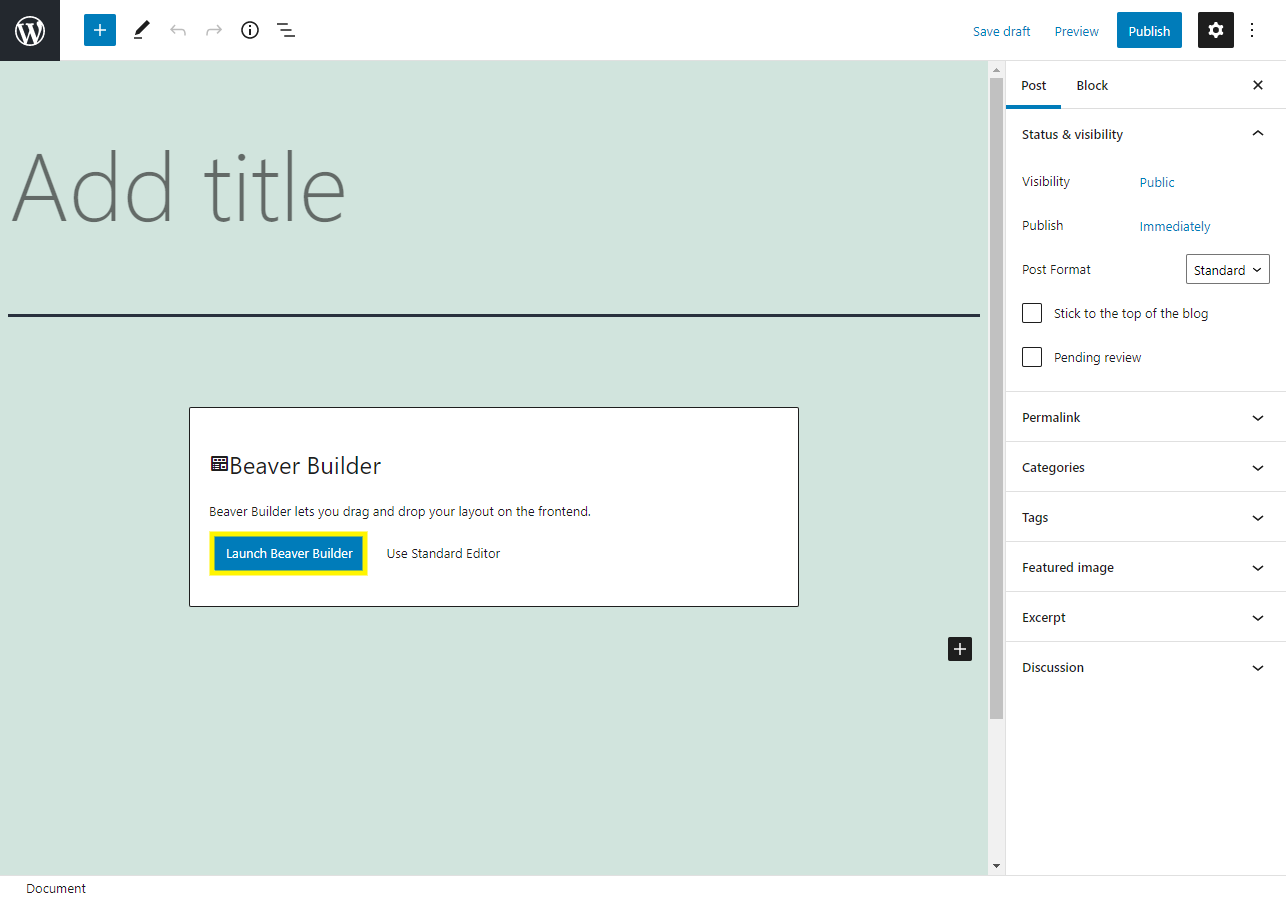 The option to launch Beaver Builder in WordPress.