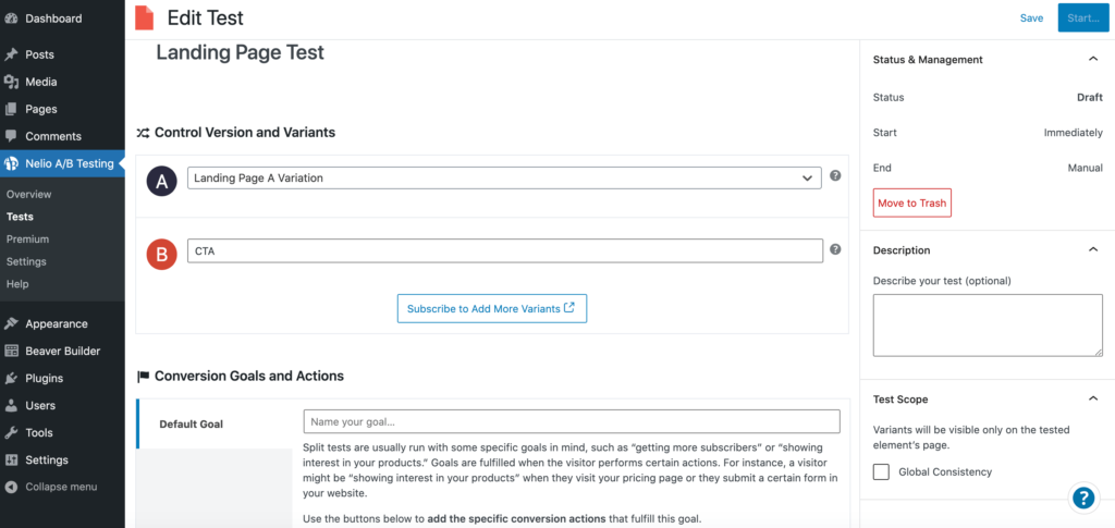 A variant, selected inside the Nelio A/B testing plugin.