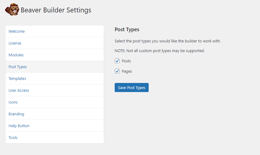 The Post Types settings in Beaver Builder.
