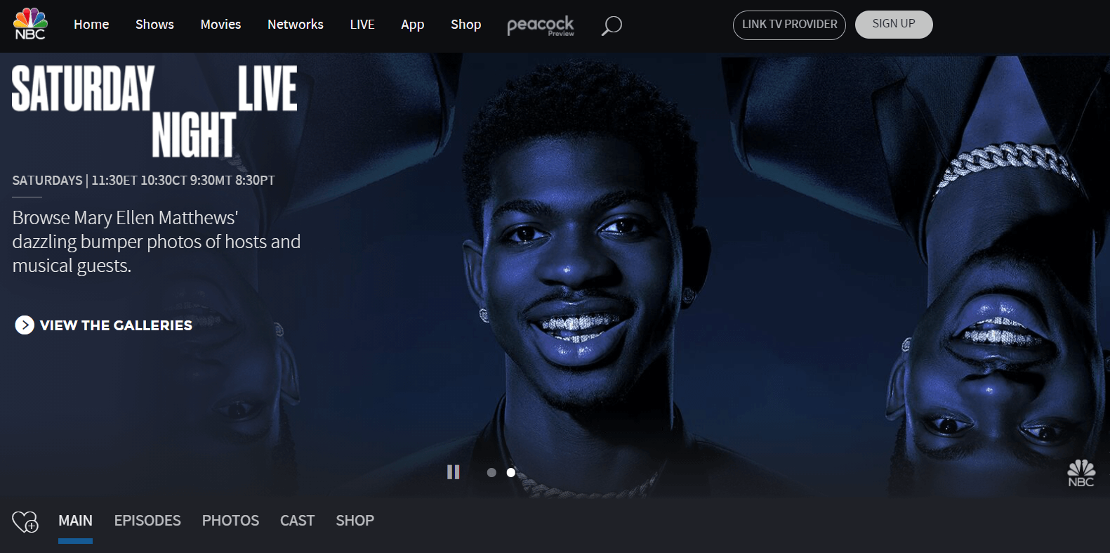 An example of dark mode design aesthetics on the Saturday Night Live website.