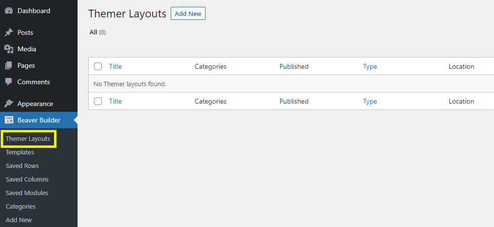 The Beaver Builder Themer layouts screen.