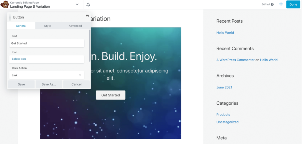 An A/B testing variant, created with Beaver Builder.