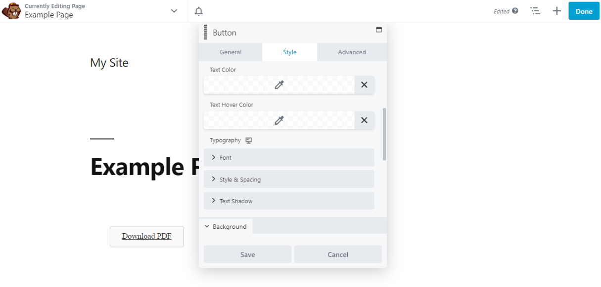 The Style tab of the Beaver Builder Button module.