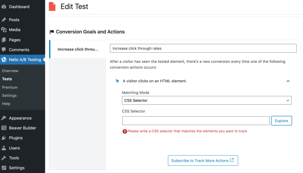 Setting a conversion goal.