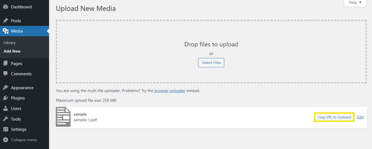 The option to copy a PDF URL in the WordPress Media screen.