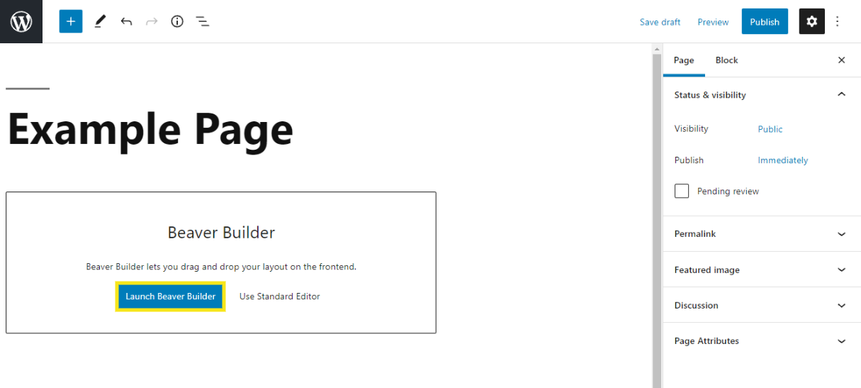 The option to launch Beaver Builder in WordPress.