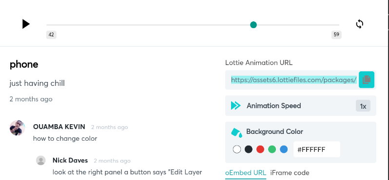 The Lottie Animation URL copy option.