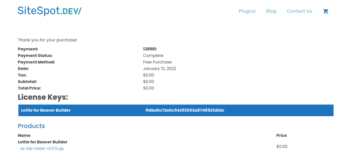 The Purchase Confirmation page for Lottie for Beaver Builder plugin.