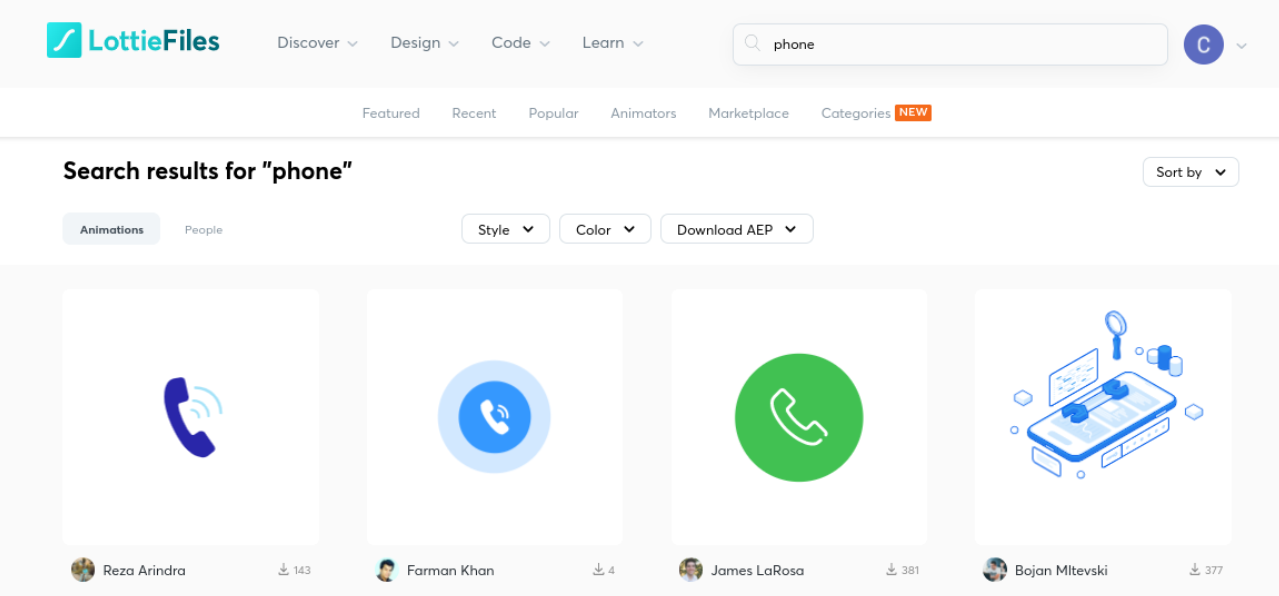 The "phone" search results on LottieFiles.