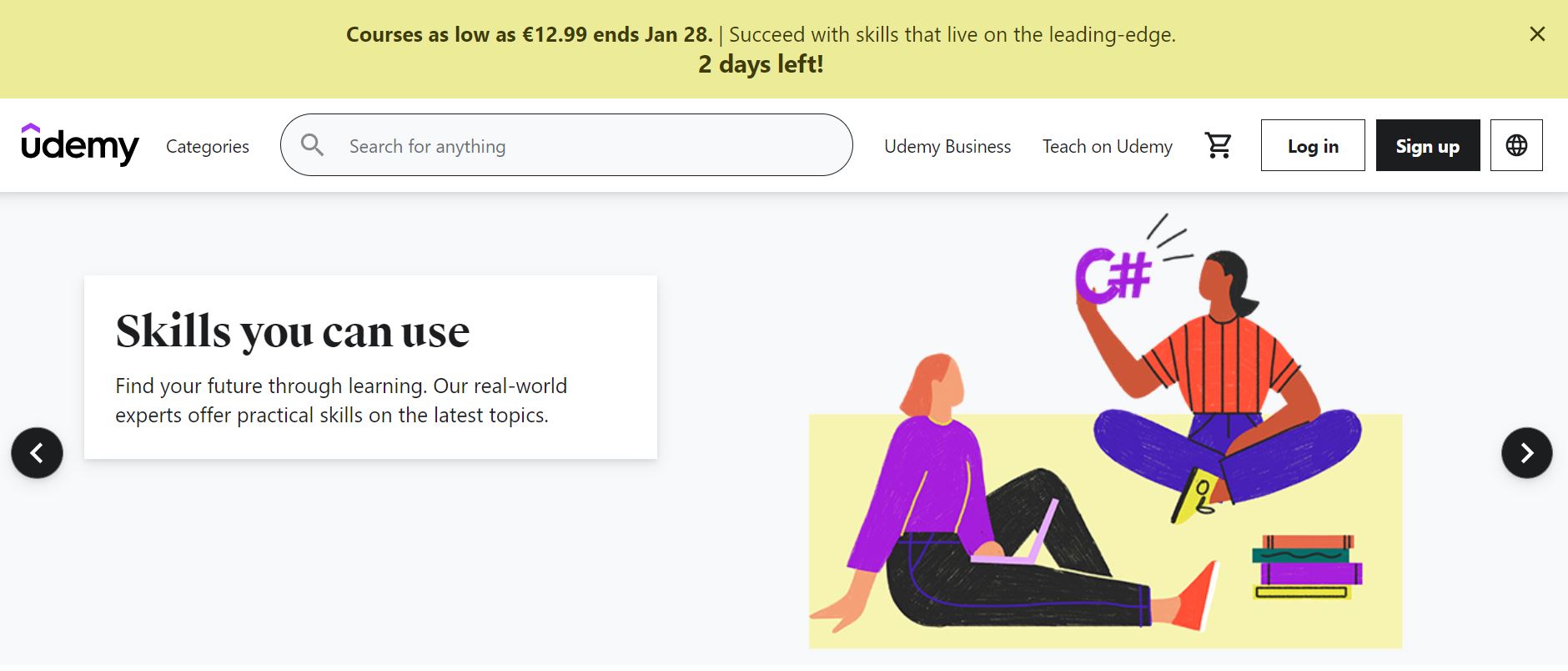A time-sensitive announcement bar on Udemy's homepage
