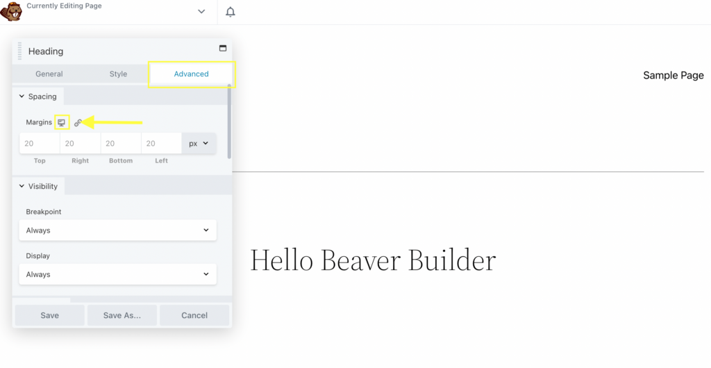 Beaver Builder's mobile responsive icon in the advanced tab