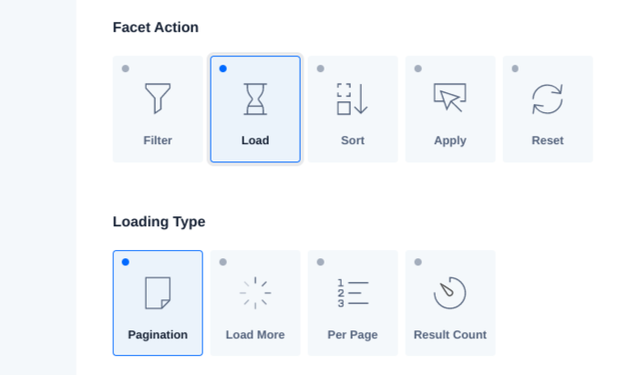 The Facet actions and loading type options of WP Grid Builder.