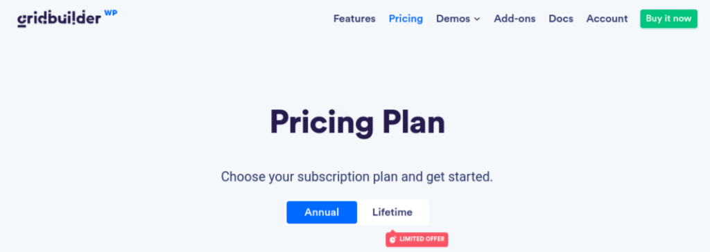 The WP Grid Builder plugin pricing plan page.