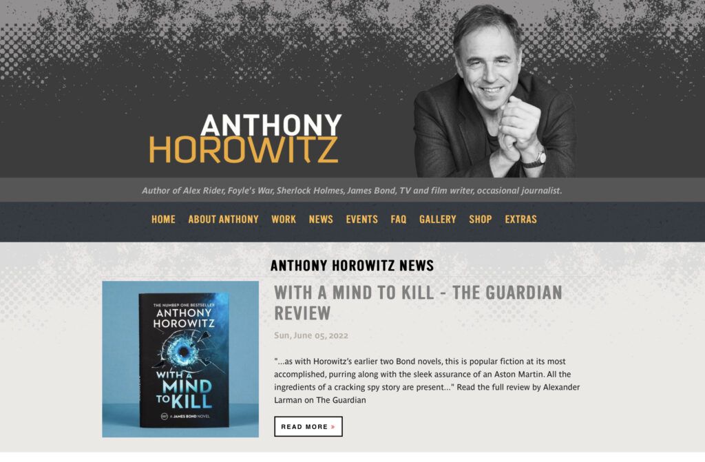 Built with WordPress, Anthony Horowitz’s website is an excellent example of an author website