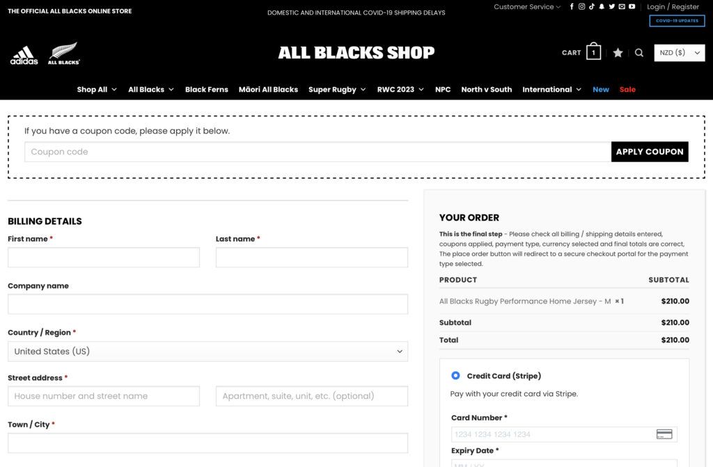 All Blacks Shop checkout page