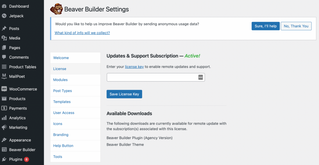 Enter your Beaver Builder license key