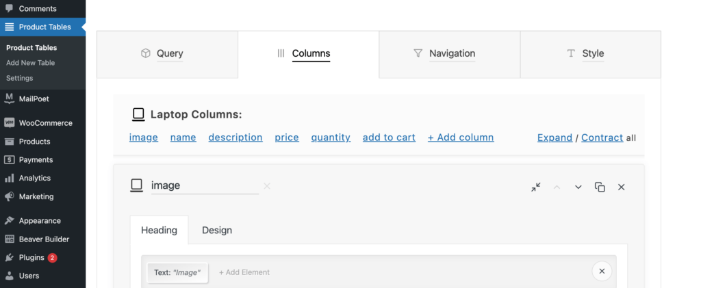 Columns tab, in WooCommerce Product Tables Lite.