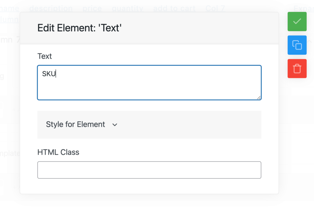 Editing column 'text' element.