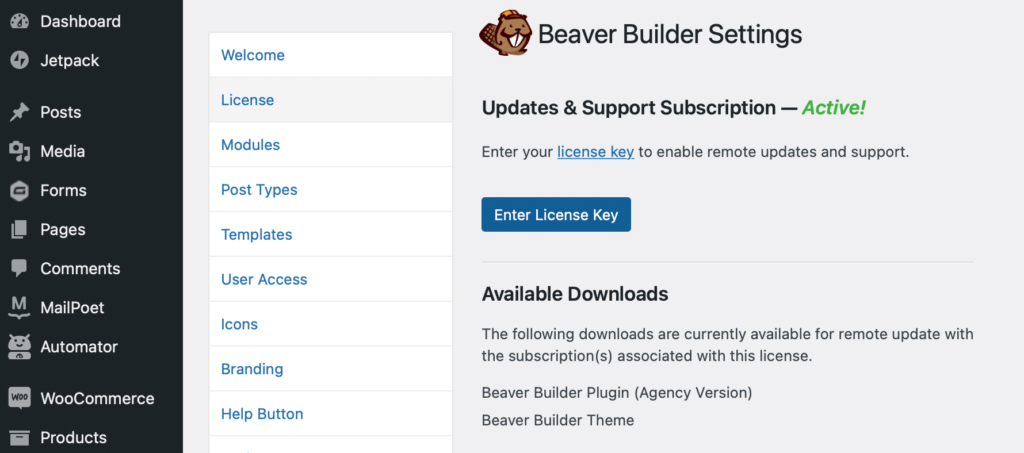 Beaver Builder settings to input license key 