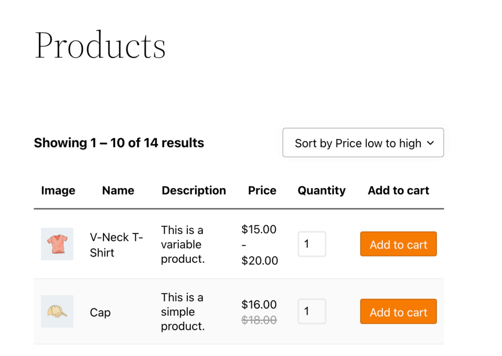 Products frontend page. 