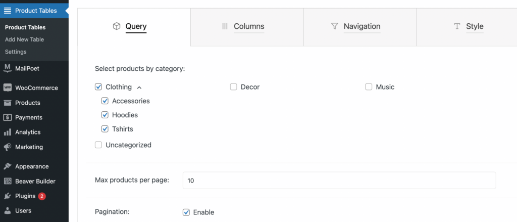 The query tab in the WooCommerce Product Table Lite plugin.