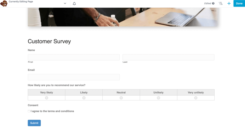 Gravity Form customer survey embedded in Beaver Builder landing page