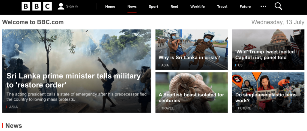 The BBC website with clear keyboard navigation and a focus indicator