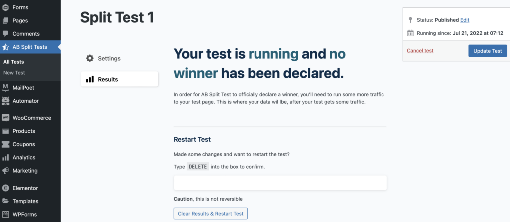 AB split test results screen