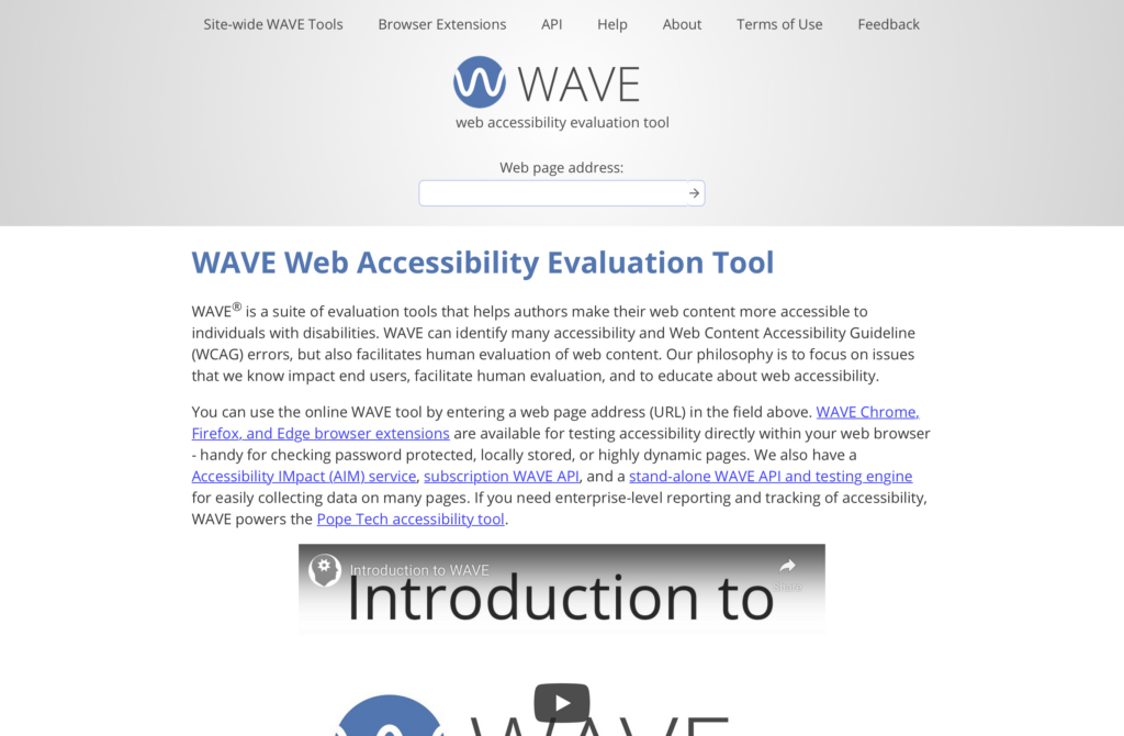 WAVE Web Accessibility Evaluation Tool’s main webpage.