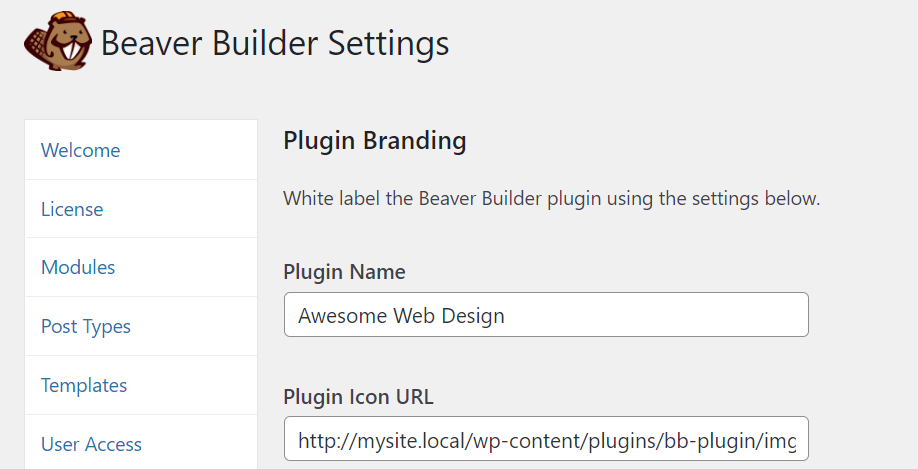 The Beaver Builder plugin branding settings