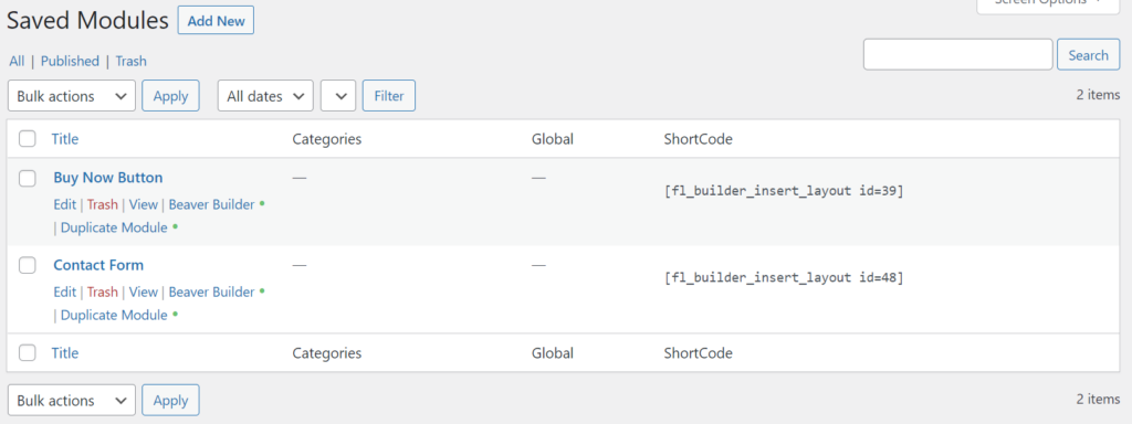 Beaver Builder saved modules shortcodes. 