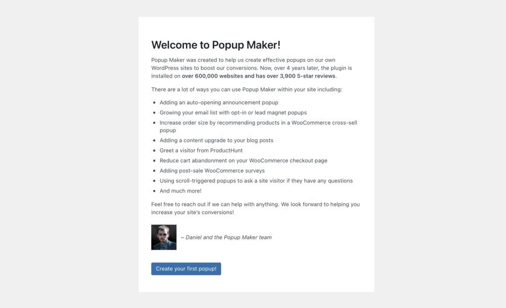Popup Maker welcome screen